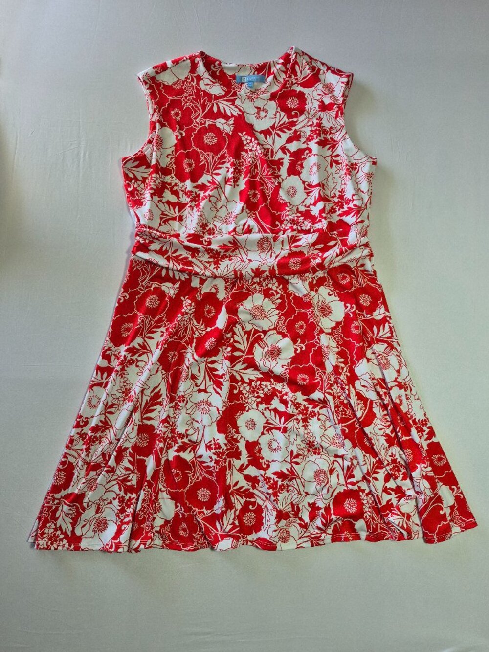 Koret Womens Dress Size 1X Red White Floral Sleeveless Ruched Waist A-Line